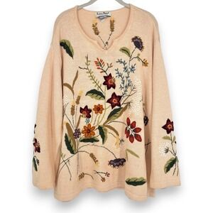 Vintage Plus Size Pullover Sweater Tight Knit Floral Embroidered Crewel Cream 2X